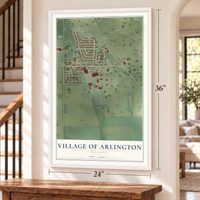 Arlington, Wisconsin map, 24 x 36 inch print in a white frame by a staircase