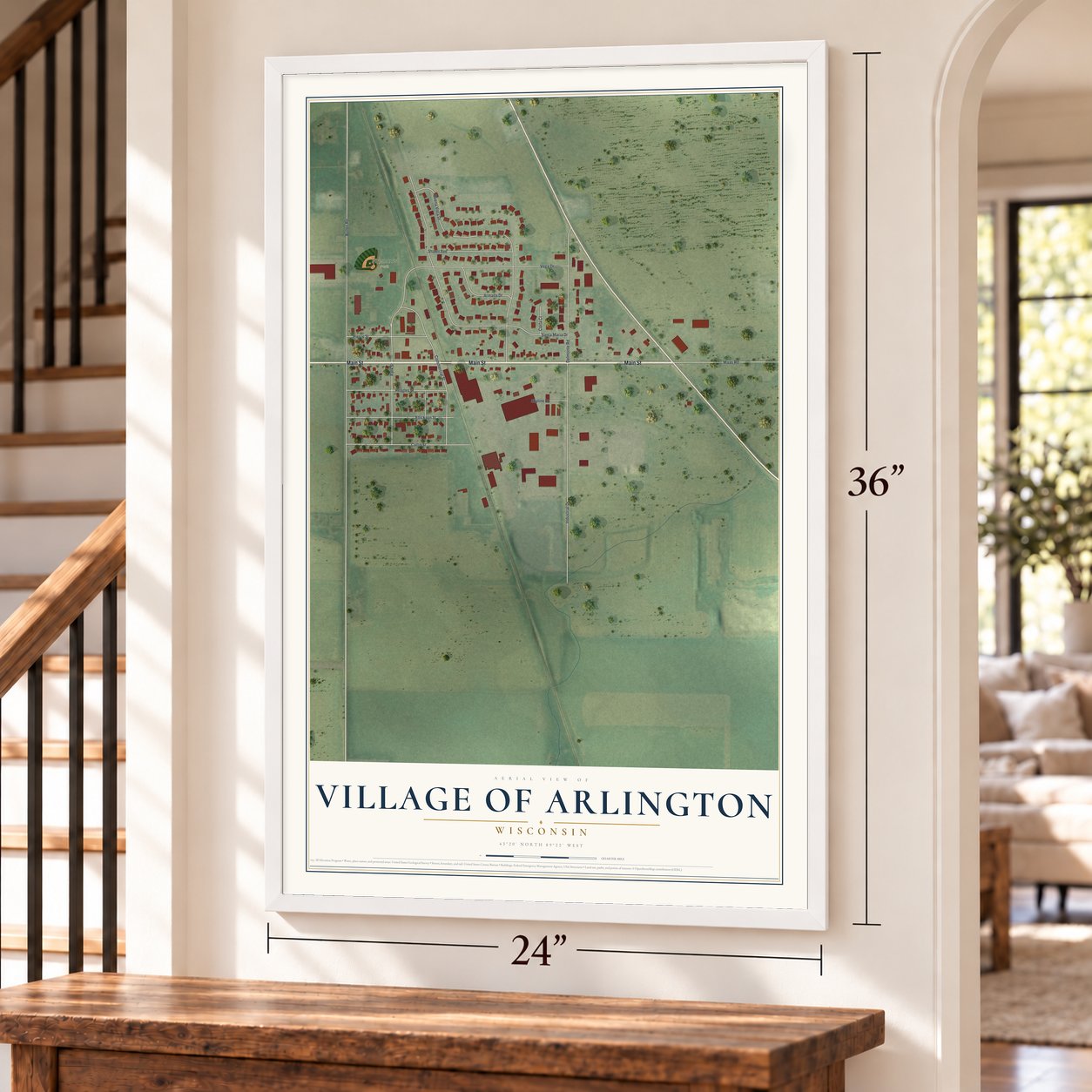 Arlington, Wisconsin map, 24 x 36 inch print in a white frame by a staircase