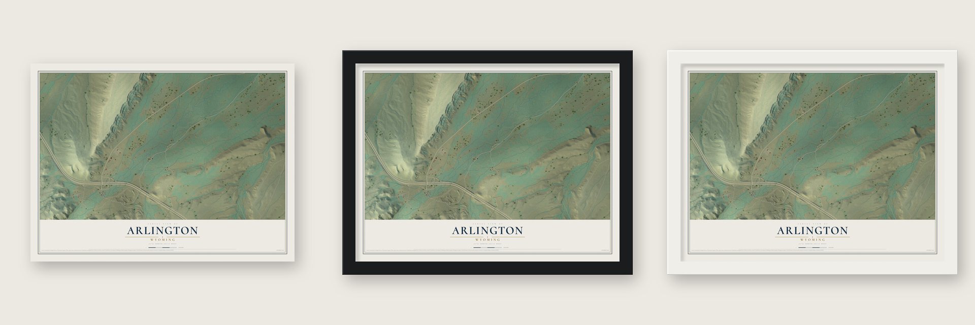 Arlington, Wyoming map unframed, in a black wood frame and in a white wood frame