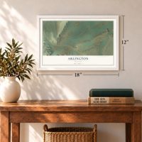 Arlington, Wyoming map, 12 x 18 inch print in a white frame in an entryway