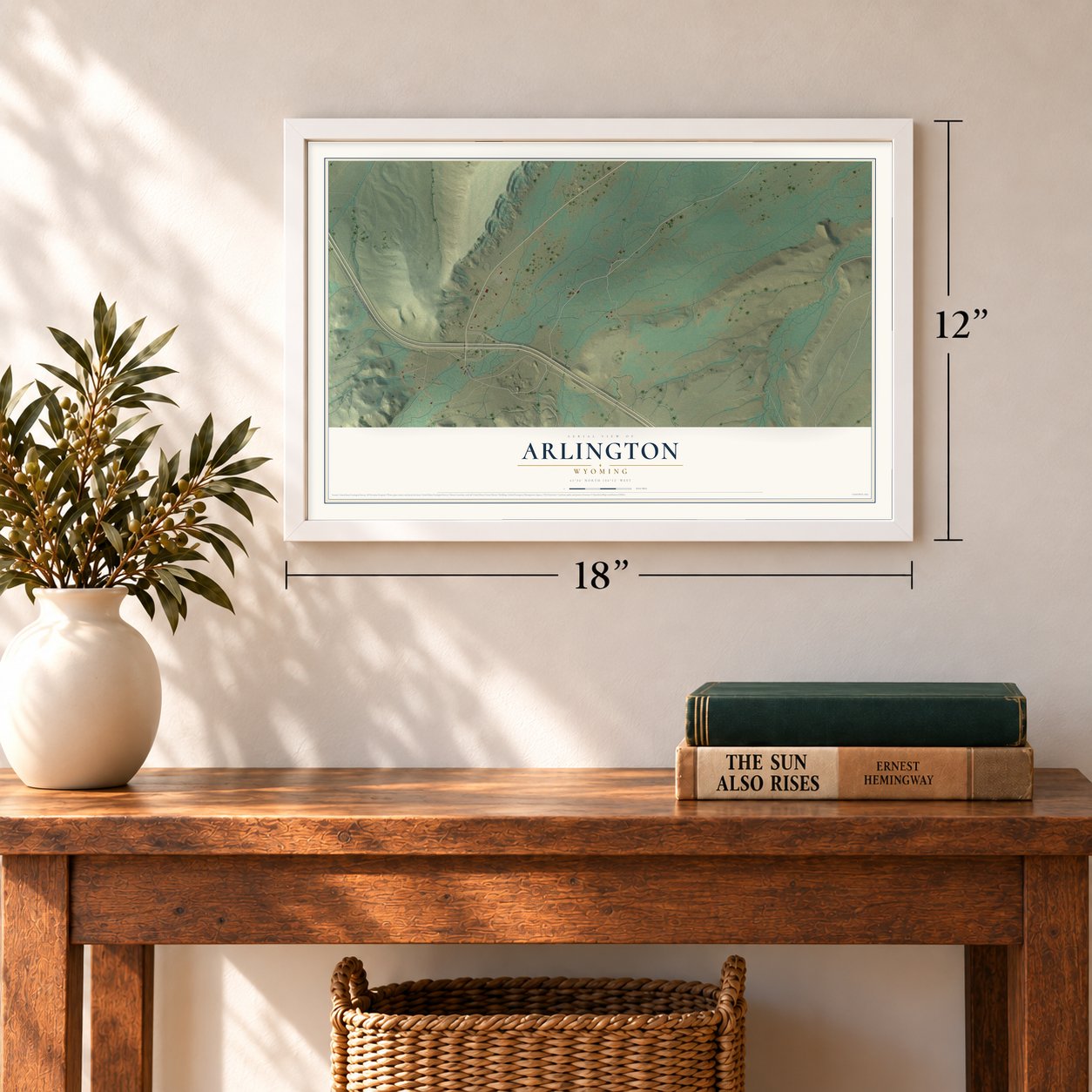 Arlington, Wyoming map, 12 x 18 inch print in a white frame in an entryway