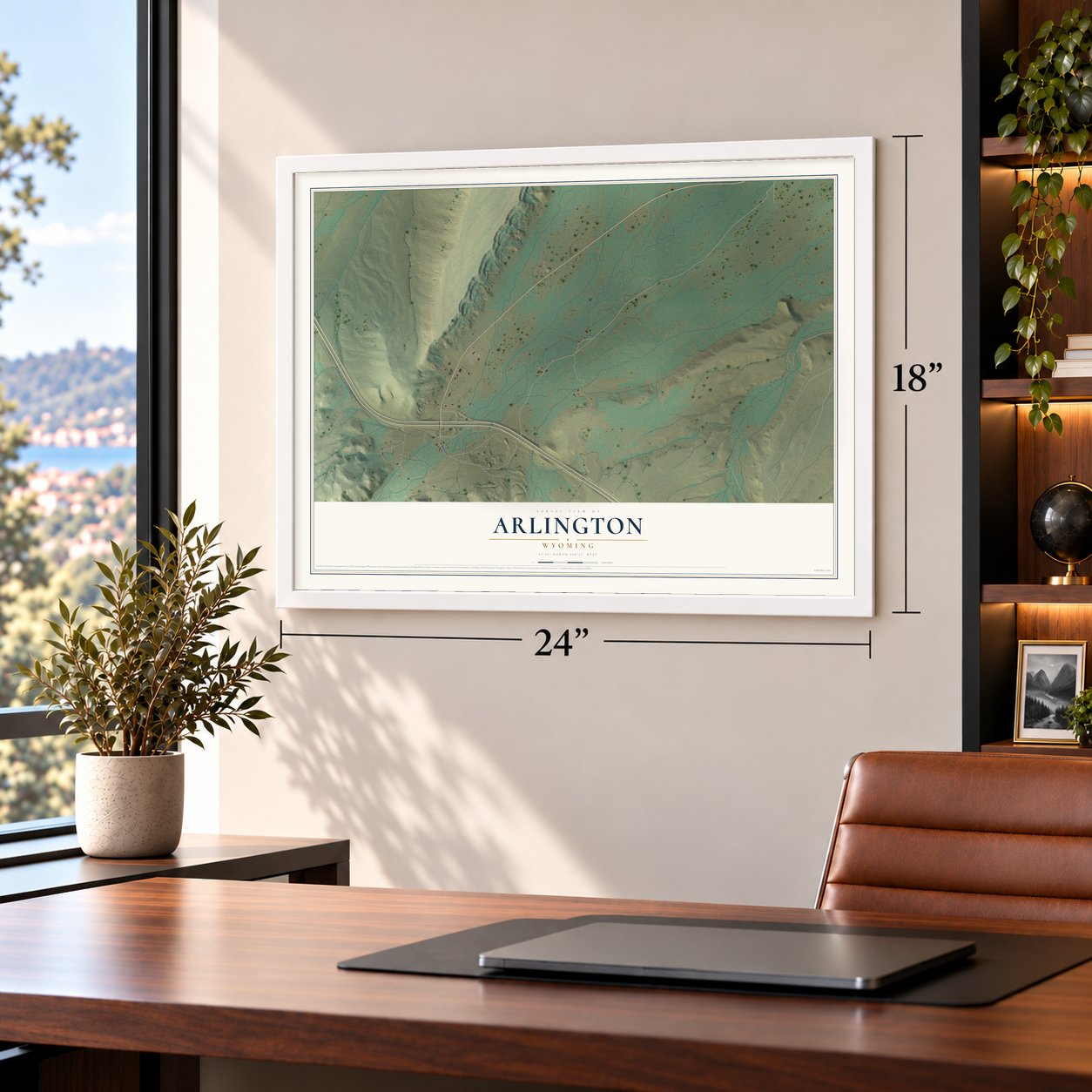 Arlington, Wyoming map, 18 x 24 inch print in a white frame in a home office