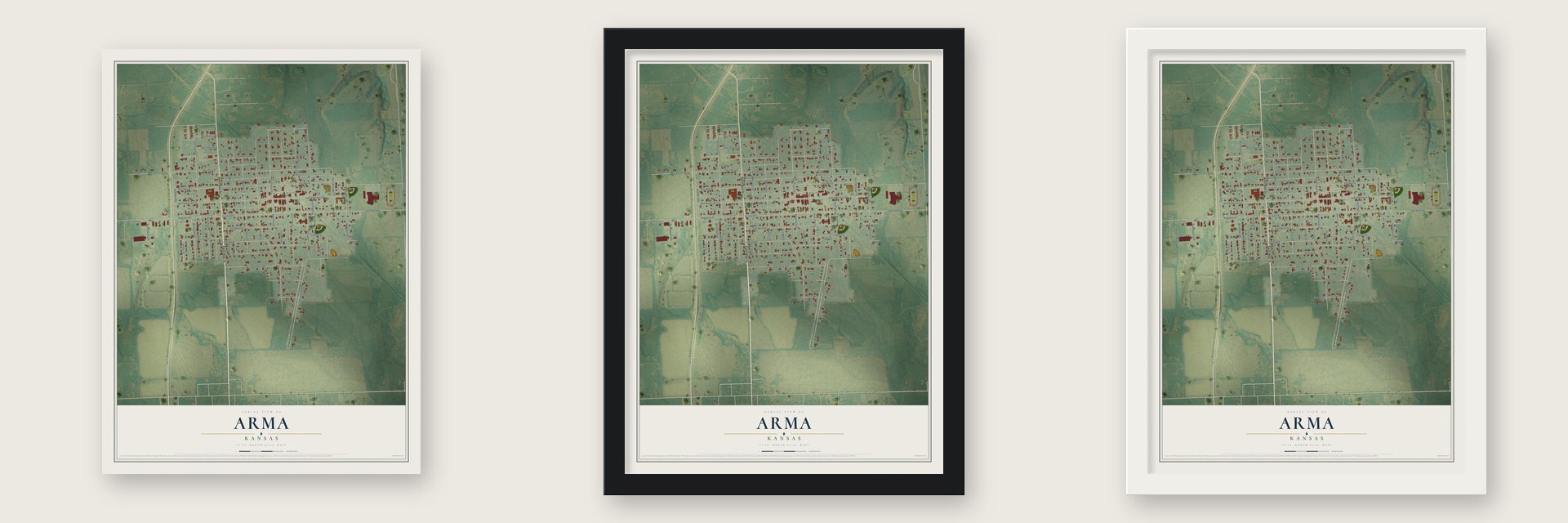 Arma, Kansas map unframed, in a black wood frame and in a white wood frame