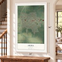 Arma, Kansas map, 24 x 36 inch print in a white frame by a staircase