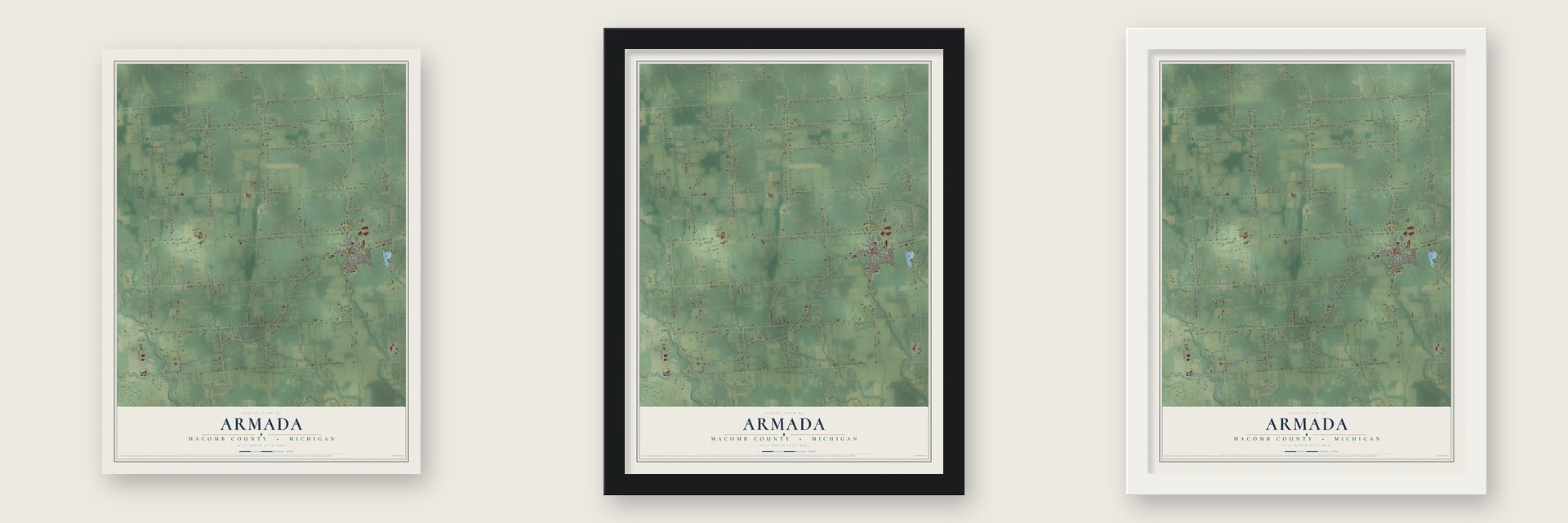 Armada, Macomb County, Michigan map unframed, in a black wood frame and in a white wood frame