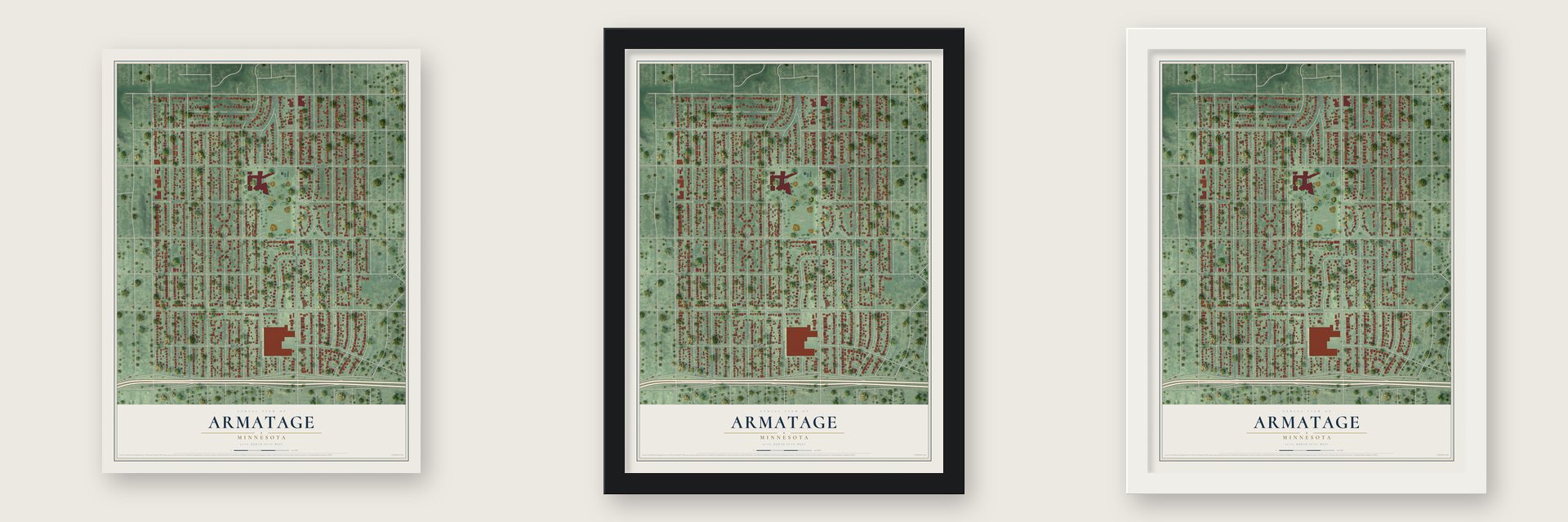 Armatage, Minnesota map unframed, in a black wood frame and in a white wood frame