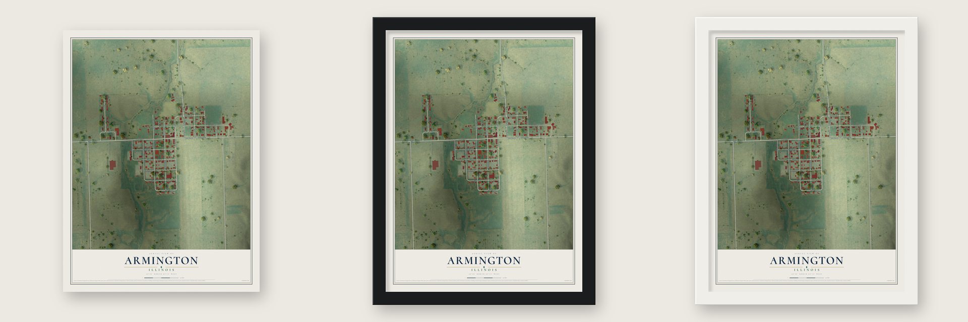 Armington, Illinois map unframed, in a black wood frame and in a white wood frame