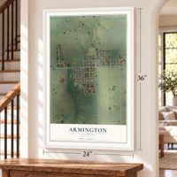 Armington, Illinois map, 24 x 36 inch print in a white frame by a staircase
