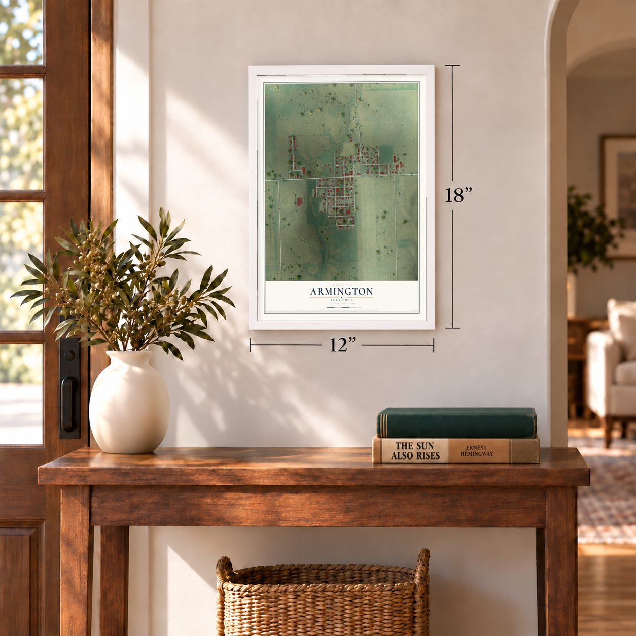 Armington, Illinois map, 12 x 18 inch print in a white frame in an entryway