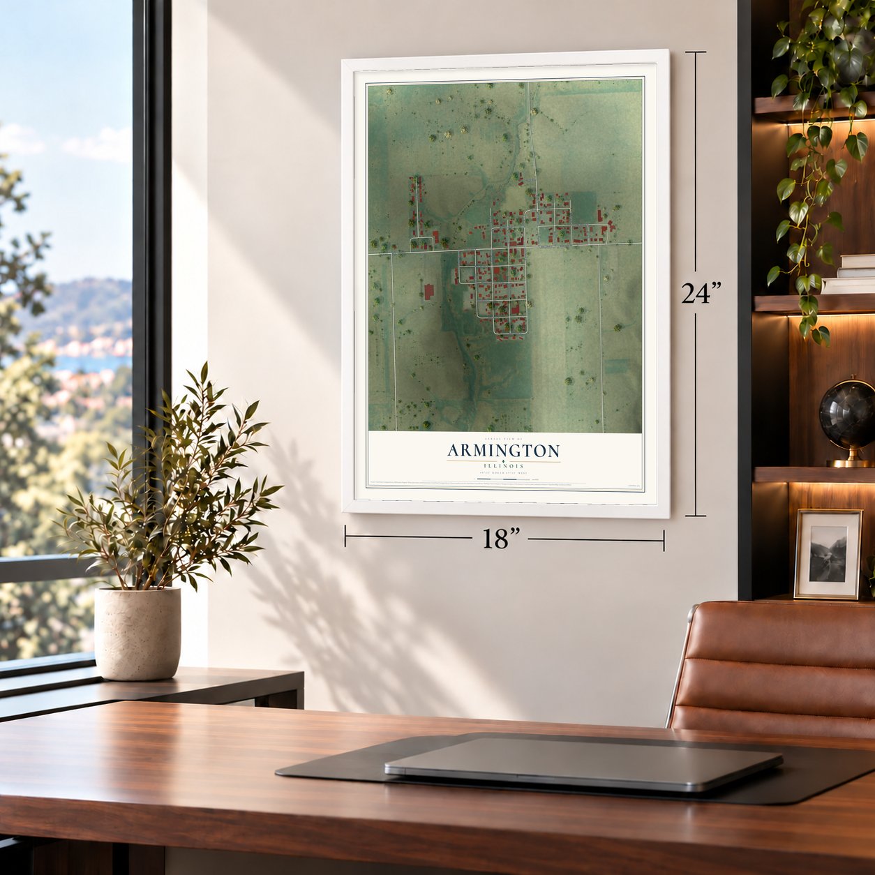Armington, Illinois map, 18 x 24 inch print in a white frame in a home office