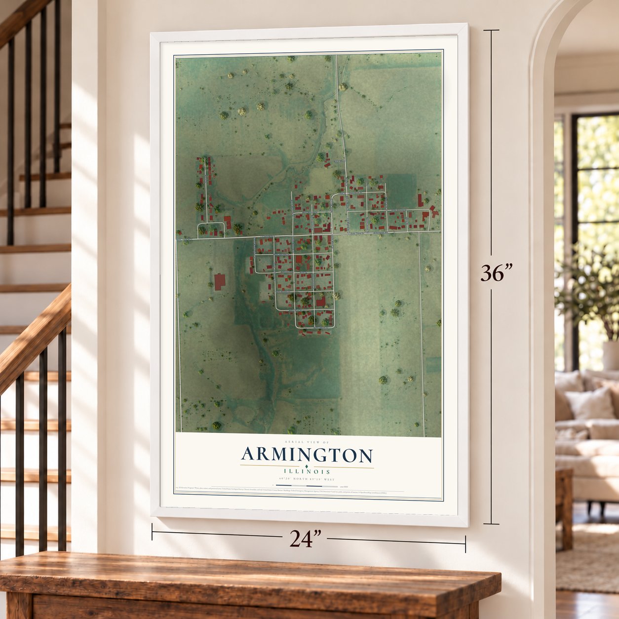 Armington, Illinois map, 24 x 36 inch print in a white frame by a staircase
