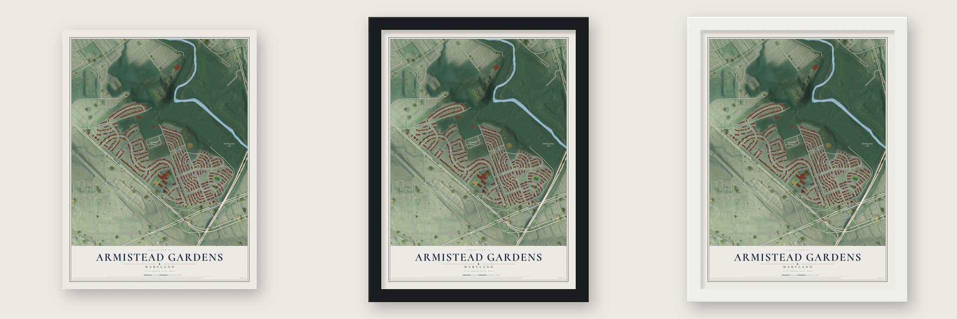 Armistead Gardens, Maryland map unframed, in a black wood frame and in a white wood frame