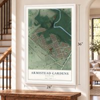 Armistead Gardens, Maryland map, 24 x 36 inch print in a white frame by a staircase