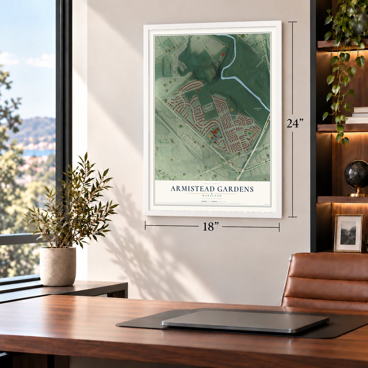 Armistead Gardens, Maryland map, 18 x 24 inch print in a white frame in a home office