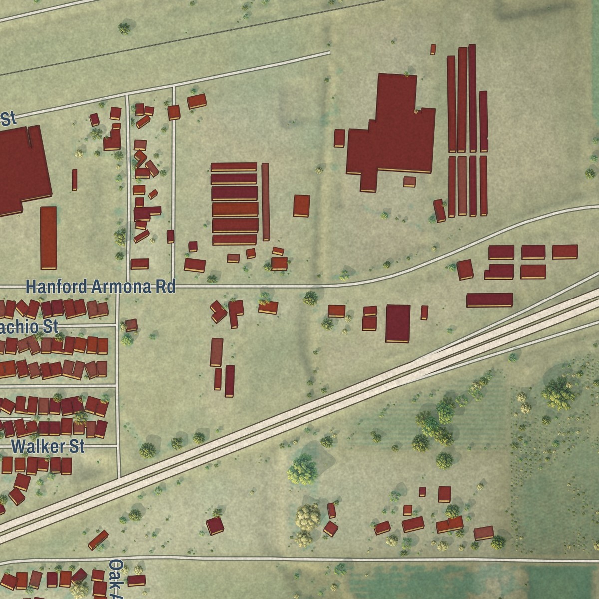 Second close-up of the map of Armona, California print showing more streets and buildings