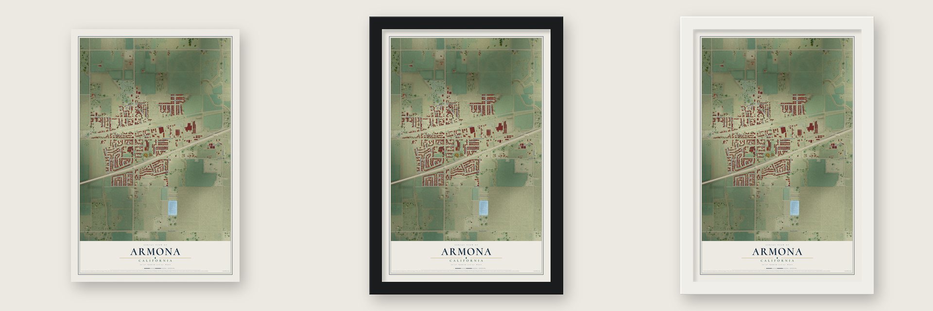 Armona, California map unframed, in a black wood frame and in a white wood frame
