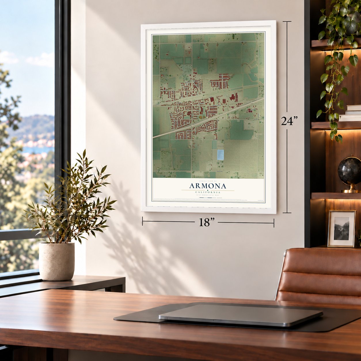 Armona, California map, 18 x 24 inch print in a white frame in a home office