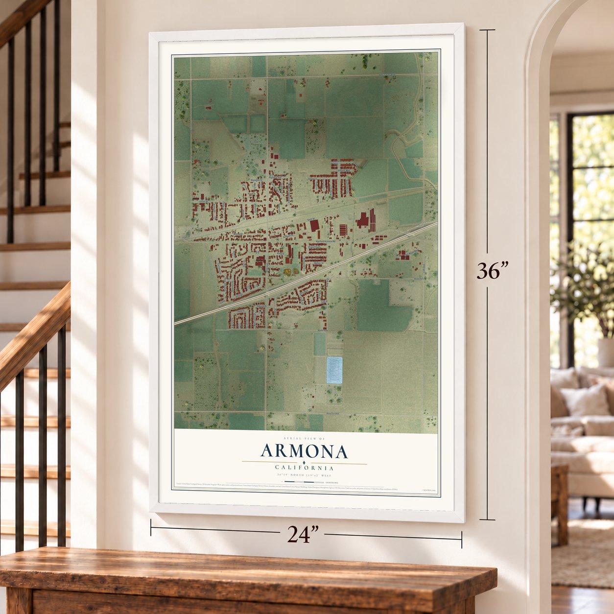 Armona, California map, 24 x 36 inch print in a white frame by a staircase