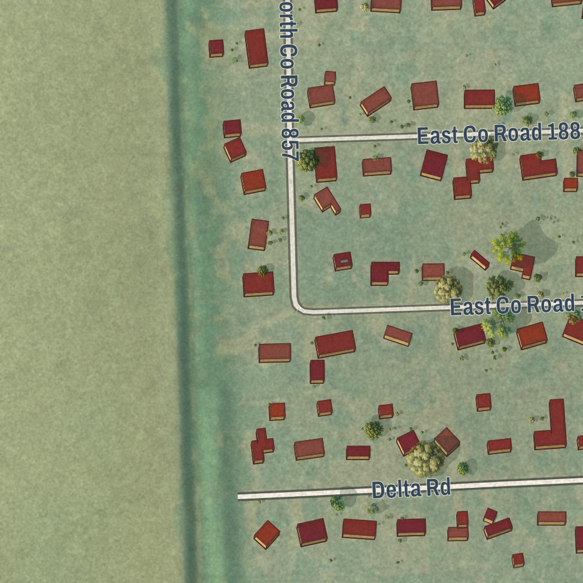 Second close-up of the map of Armorel, Arkansas print showing more streets and buildings