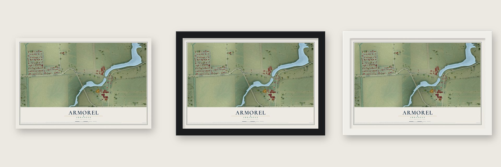 Armorel, Arkansas map unframed, in a black wood frame and in a white wood frame
