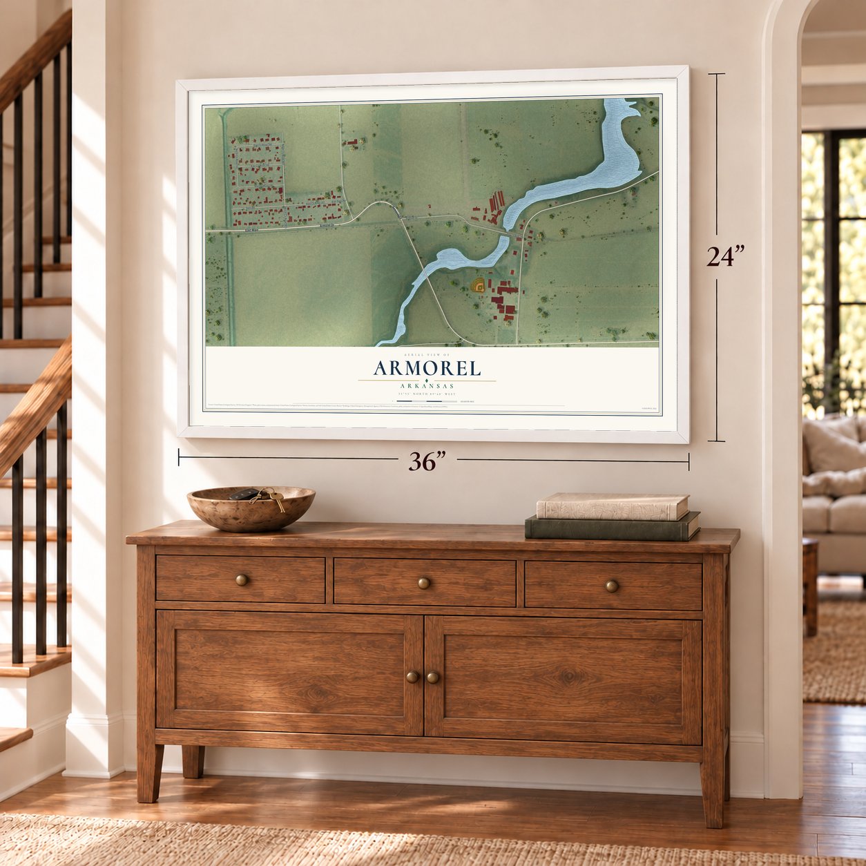 Armorel, Arkansas map, 24 x 36 inch print in a white frame above a dresser by a staircase