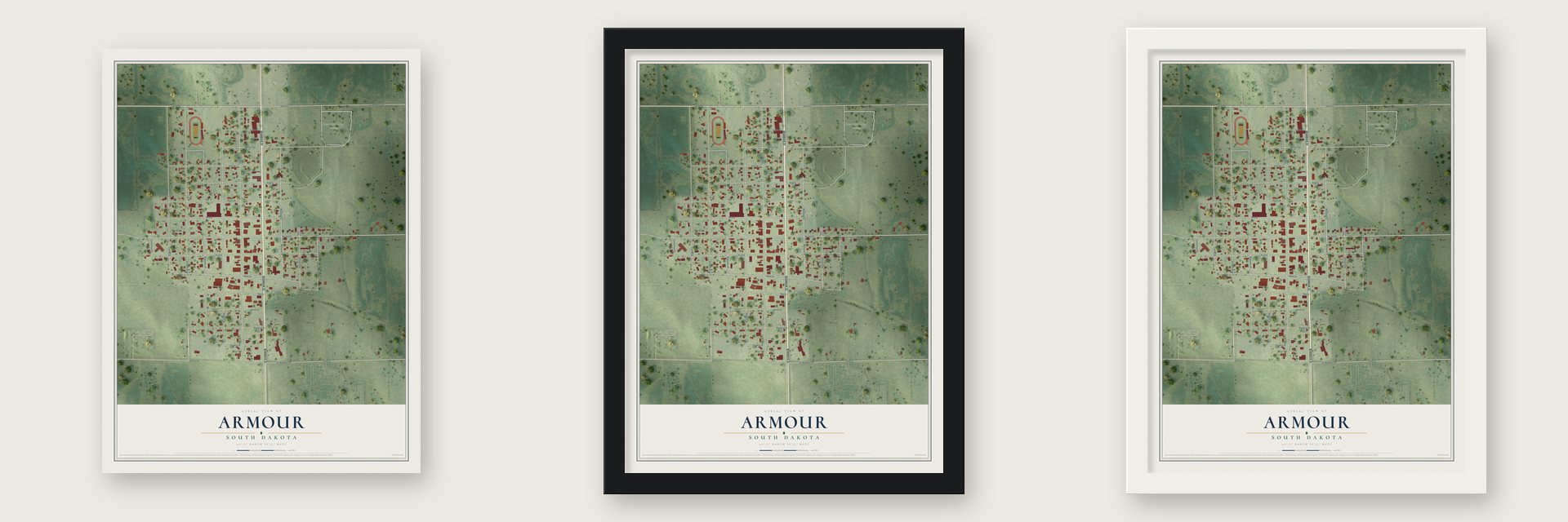 Armour, South Dakota map unframed, in a black wood frame and in a white wood frame