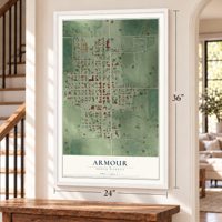 Armour, South Dakota map, 24 x 36 inch print in a white frame by a staircase