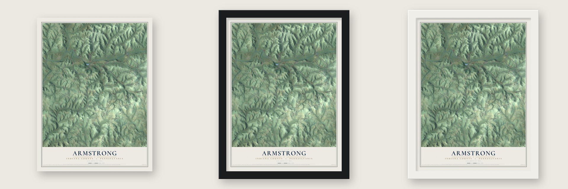 Armstrong, Indiana County, Pennsylvania map unframed, in a black wood frame and in a white wood frame