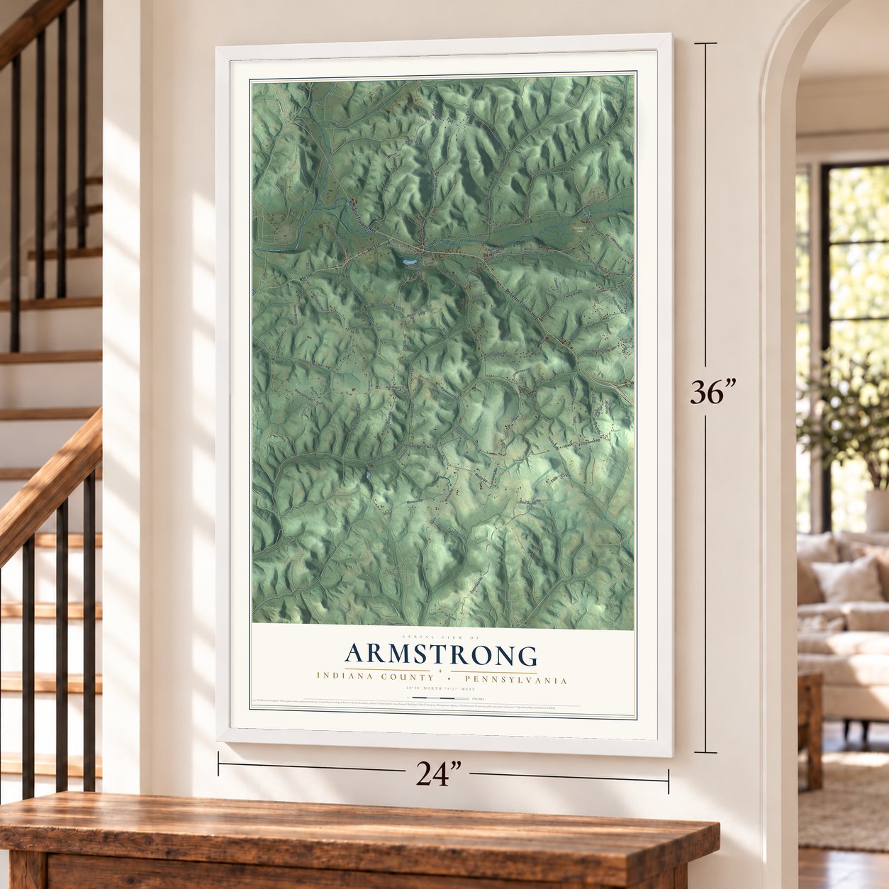 Armstrong, Indiana County, Pennsylvania map, 24 x 36 inch print in a white frame by a staircase