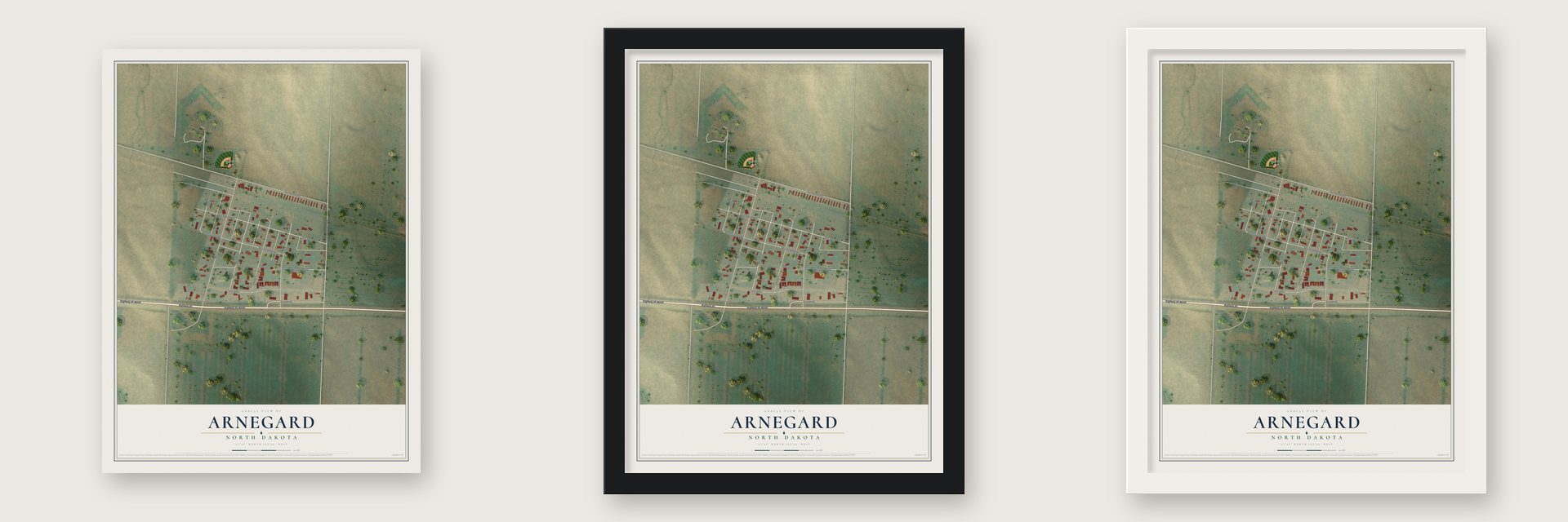 Arnegard, North Dakota map unframed, in a black wood frame and in a white wood frame