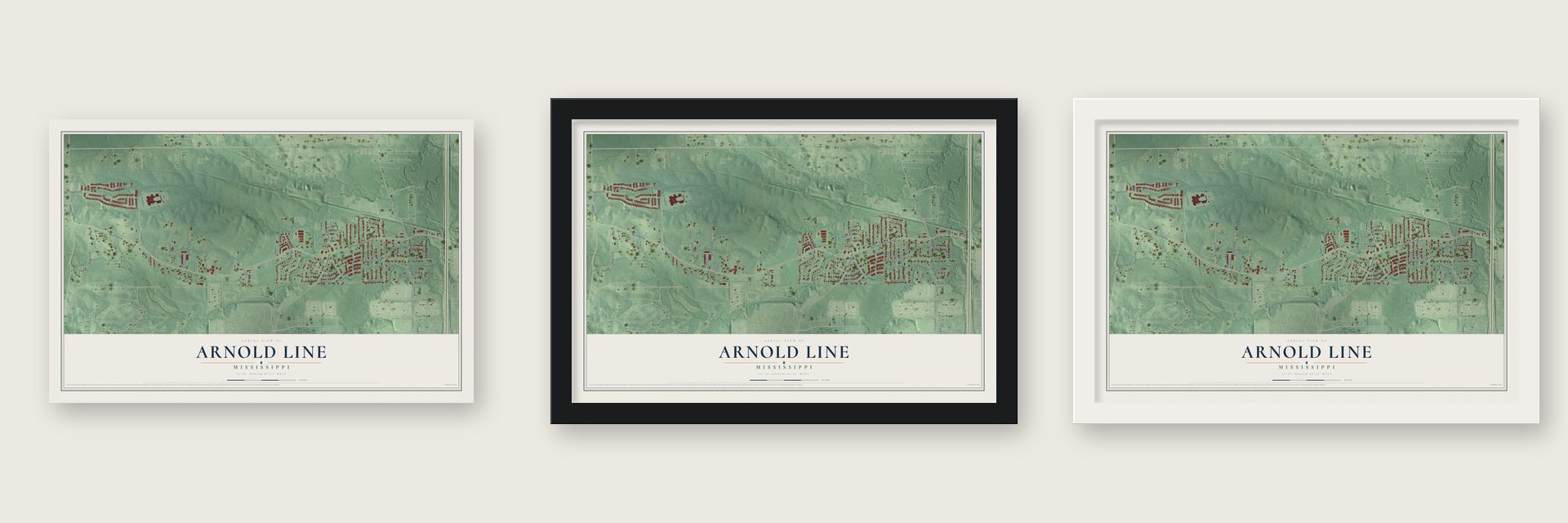 Arnold Line, Mississippi map unframed, in a black wood frame and in a white wood frame