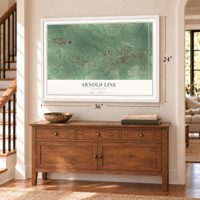 Arnold Line, Mississippi map, 24 x 36 inch print in a white frame above a dresser by a staircase