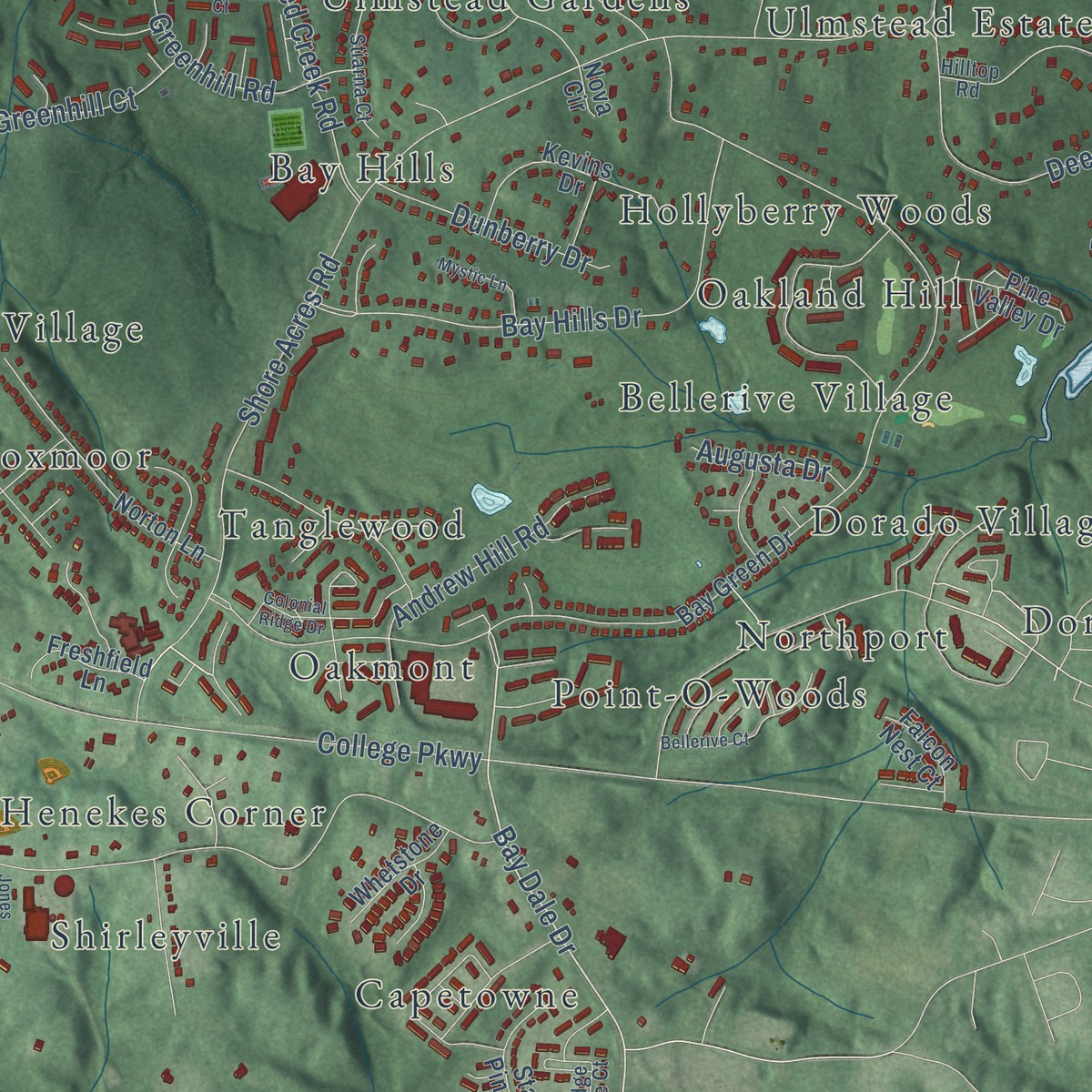 Second close-up of the map of Arnold, Maryland print showing more streets and buildings