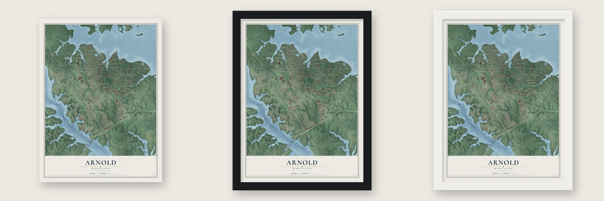 Arnold, Maryland map unframed, in a black wood frame and in a white wood frame