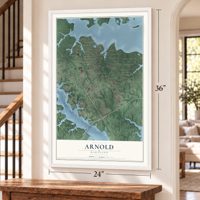 Arnold, Maryland map, 24 x 36 inch print in a white frame by a staircase
