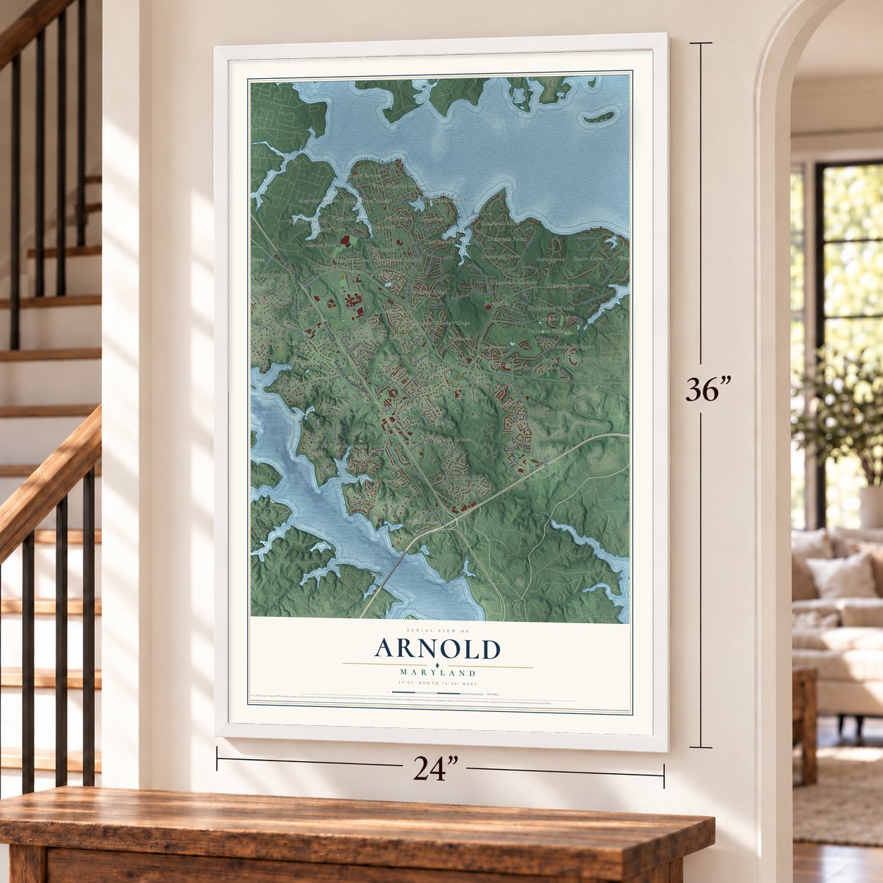 Arnold, Maryland map, 24 x 36 inch print in a white frame by a staircase