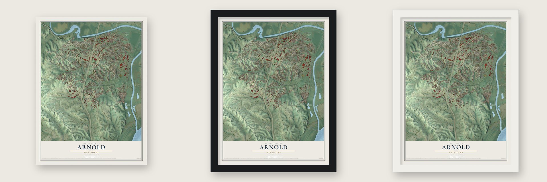 Arnold, Missouri map unframed, in a black wood frame and in a white wood frame