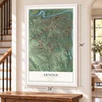 Arnold, Missouri map, 24 x 36 inch print in a white frame by a staircase