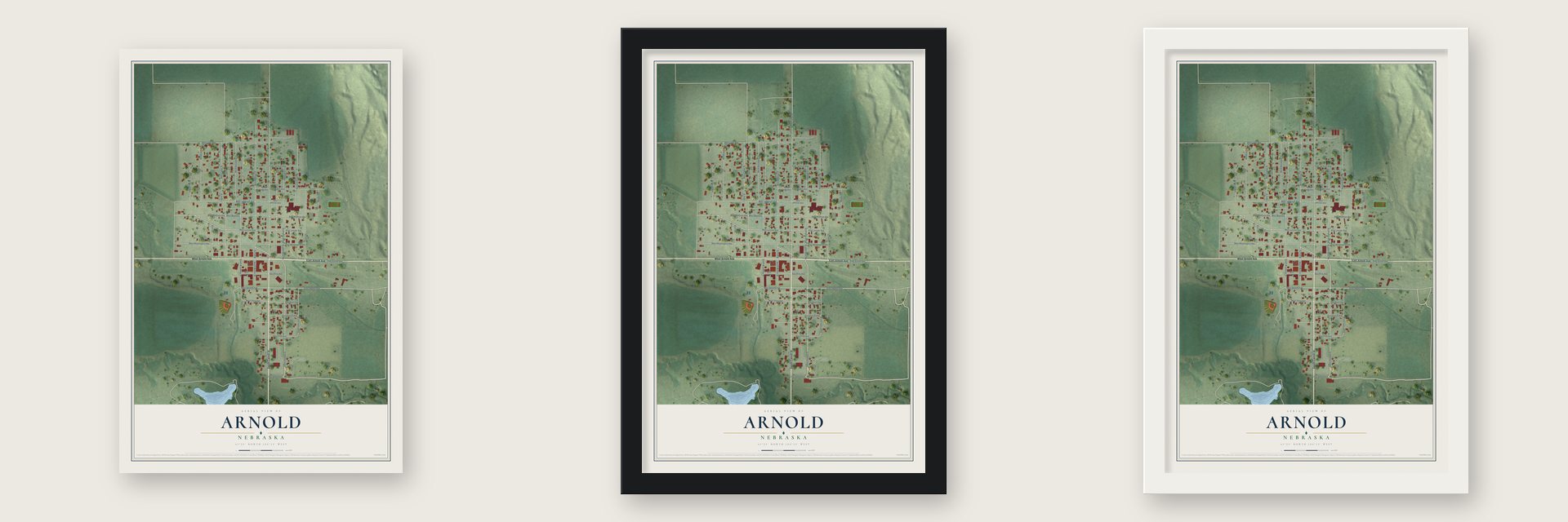 Arnold, Nebraska map unframed, in a black wood frame and in a white wood frame