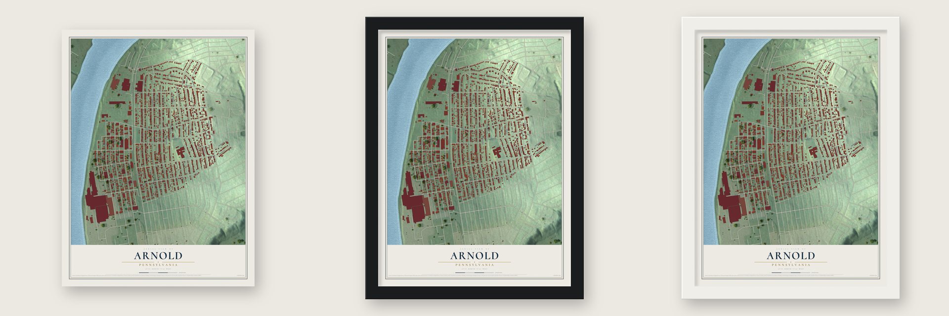 Arnold, Pennsylvania map unframed, in a black wood frame and in a white wood frame
