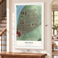 Arnold, Pennsylvania map, 24 x 36 inch print in a white frame by a staircase