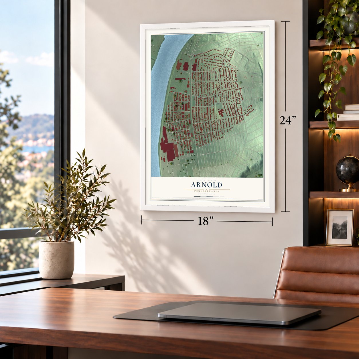 Arnold, Pennsylvania map, 18 x 24 inch print in a white frame in a home office