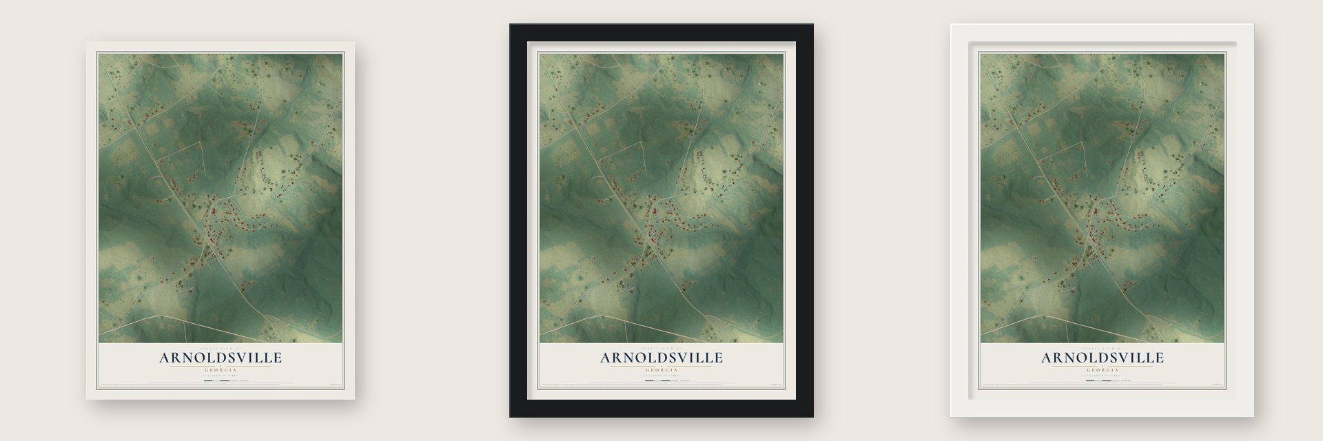 Arnoldsville, Georgia map unframed, in a black wood frame and in a white wood frame