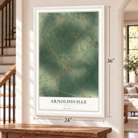 Arnoldsville, Georgia map, 24 x 36 inch print in a white frame by a staircase