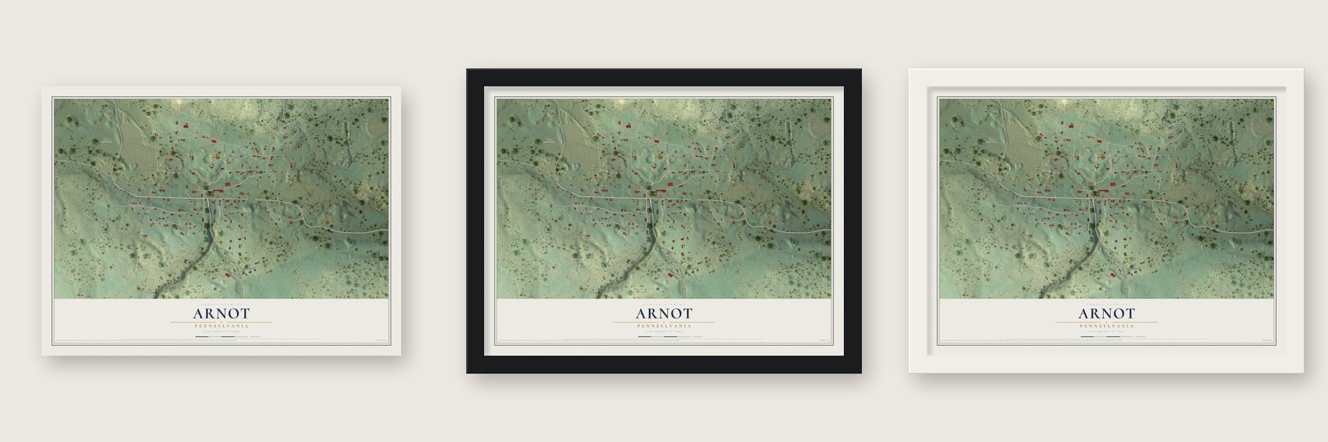Arnot, Pennsylvania map unframed, in a black wood frame and in a white wood frame