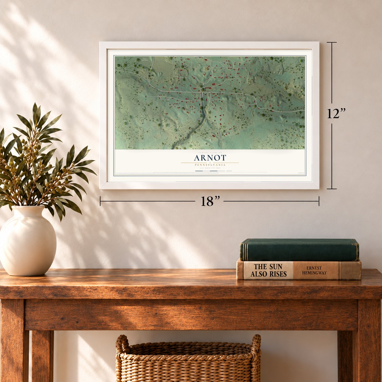 Arnot, Pennsylvania map, 12 x 18 inch print in a white frame in an entryway