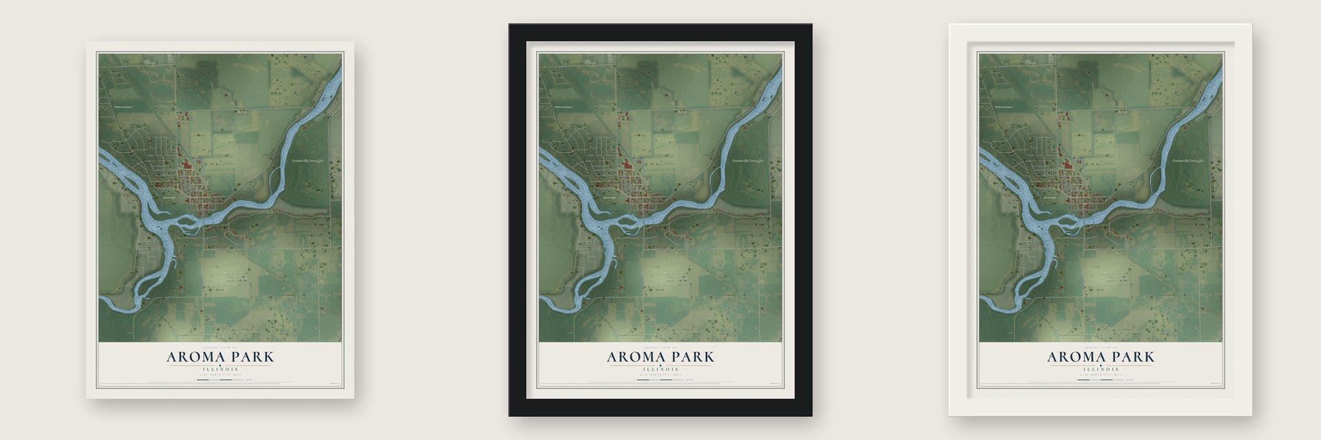 Aroma Park, Illinois map unframed, in a black wood frame and in a white wood frame