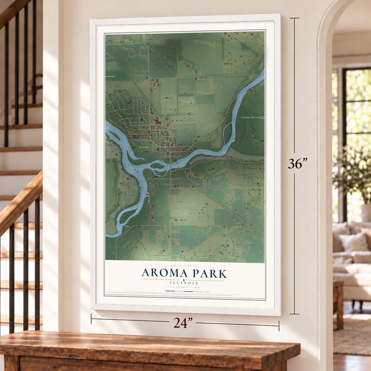 Aroma Park, Illinois map, 24 x 36 inch print in a white frame by a staircase