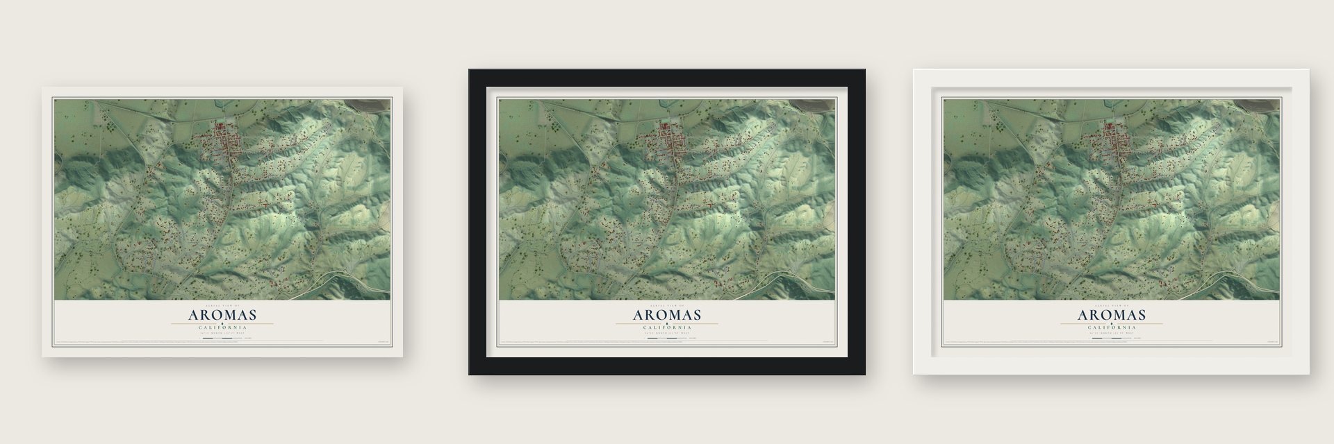 Aromas, California map unframed, in a black wood frame and in a white wood frame