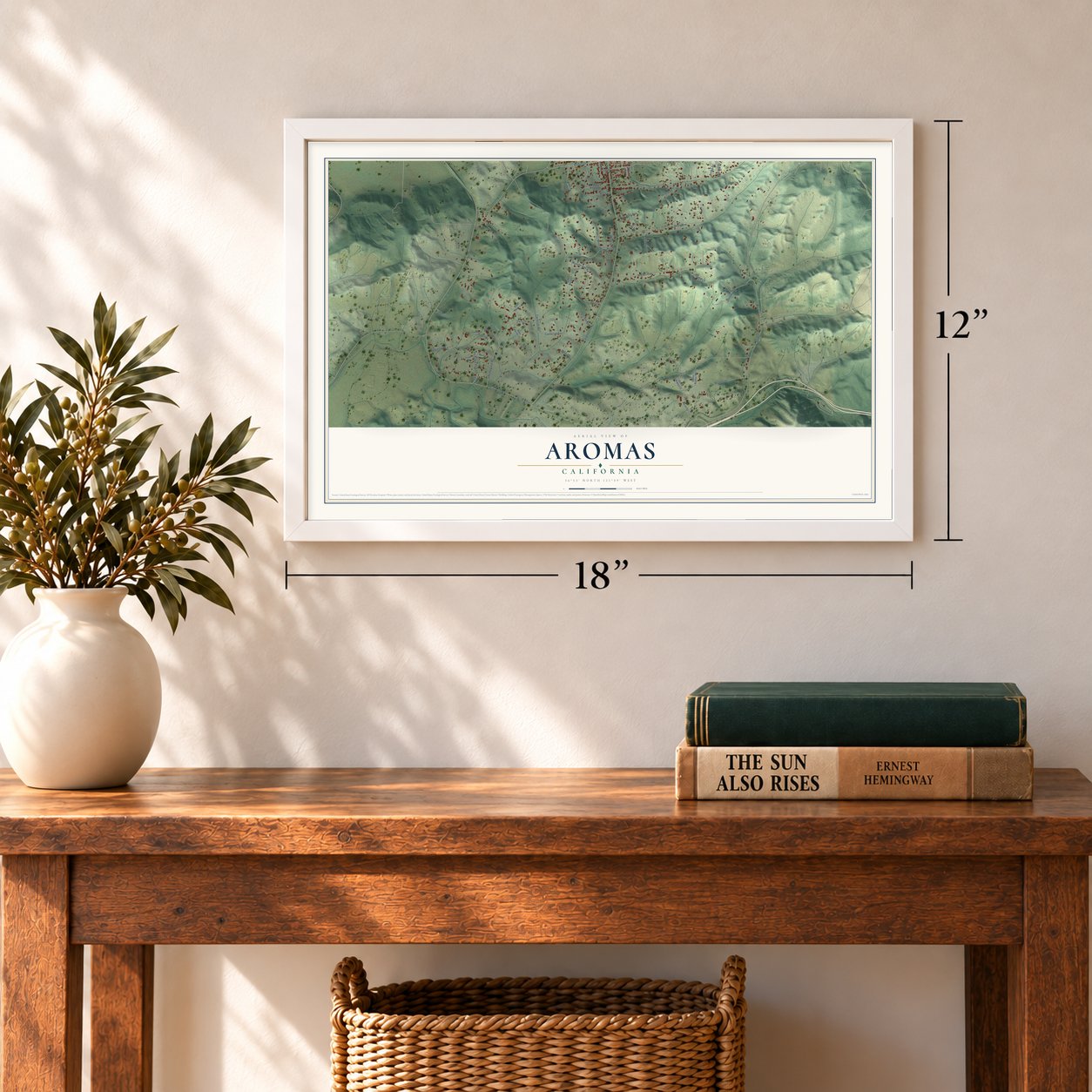 Aromas, California map, 12 x 18 inch print in a white frame in an entryway